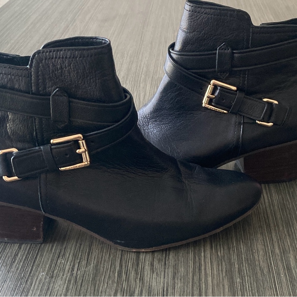 Coach Black Ankle Booties with Gold Buckle Detail slight wear